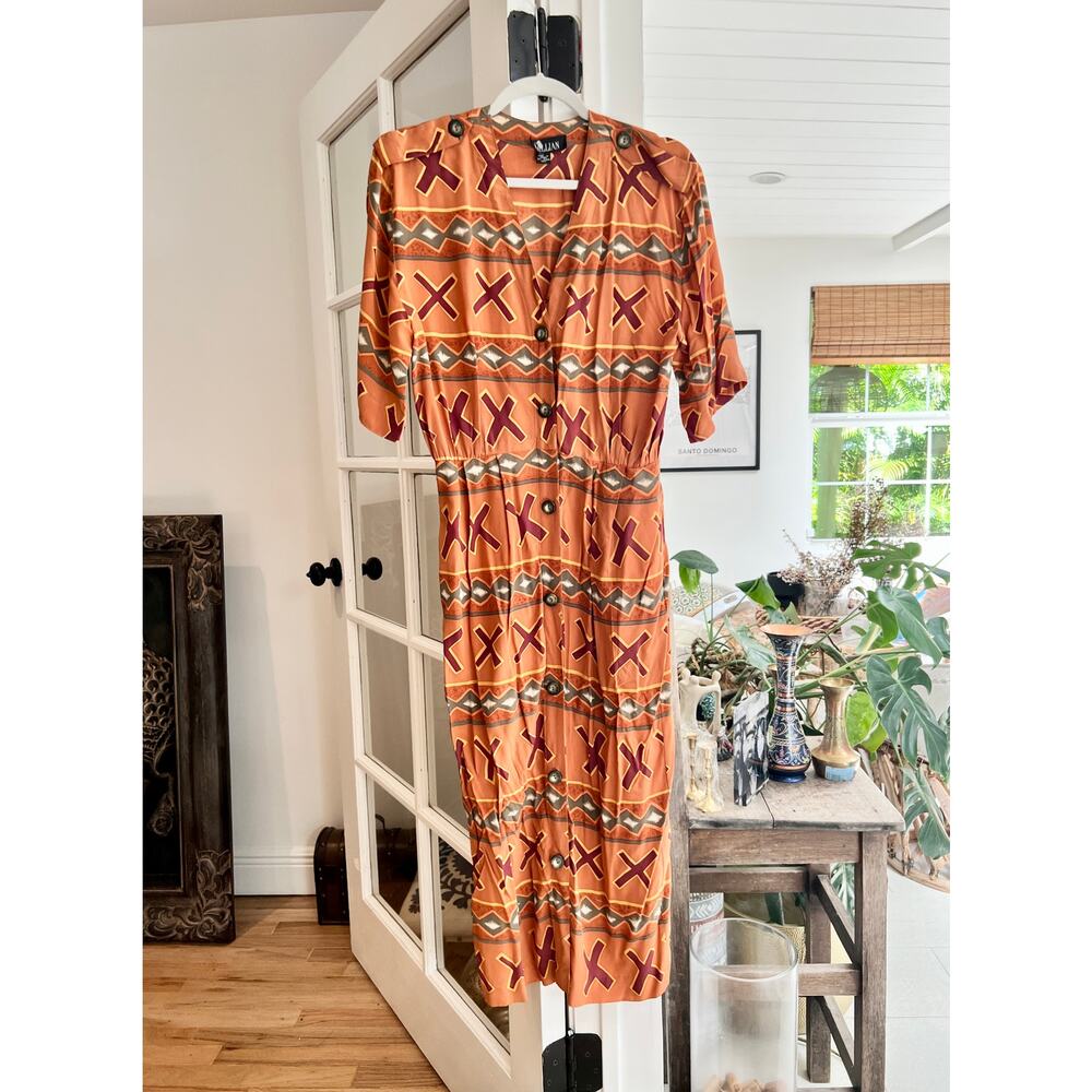 Gillian Vintage 100% Silk Printed Midi Dress – Size 8